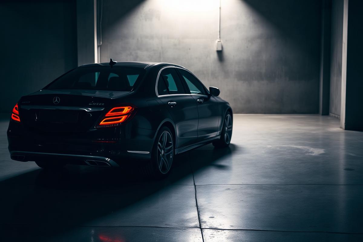 Executive sedan in a service garage